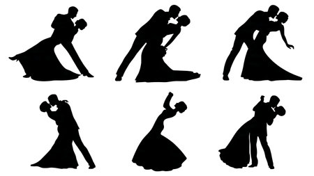 Dramatic Dip and Kiss Wedding Silhouette Pack isolated on plain white background.のイラスト素材