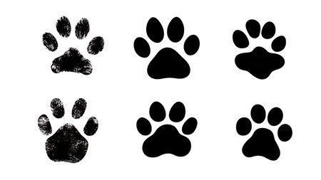 Assorted Puppy Paw Print Silhouette Collection isolated on plain white background.のイラスト素材