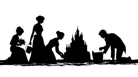 Bride and Groom Building Sandcastle Silhouette Set isolated on plain white background.のイラスト素材