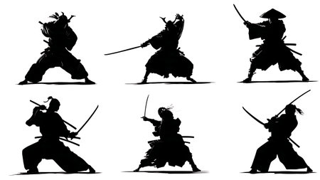 Samurai Two-Handed Sword Block Silhouette Pack isolated on plain white background.のイラスト素材
