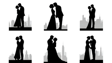 City Rooftop Wedding Couple Silhouette Pack isolated on plain white background.のイラスト素材
