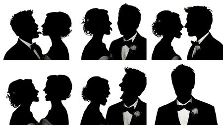 Wedding Photo Booth Fun Poses Silhouette Set isolated on plain white background.のイラスト素材