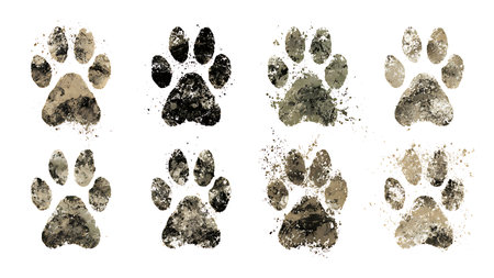 Grunge Style Muddy Paw Print Silhouette Vector Set isolated on plain white background.のイラスト素材
