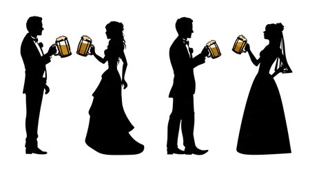 Casual Wedding Couple Beer Toast Silhouette Set isolated on plain white background.のイラスト素材