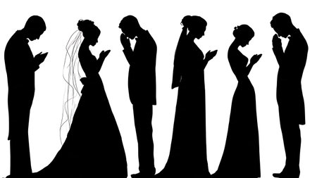 Wedding Couple Praying Together Silhouette Set isolated on plain white background.のイラスト素材