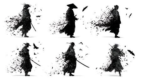 Abstract Dissolving Samurai Silhouette Fantasy Set isolated on plain white background.のイラスト素材