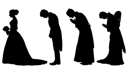 Respectful Bowing Wedding Couple Silhouette Set isolated on plain white background.のイラスト素材