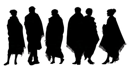 Cozy Wedding Couple Sharing Blanket Silhouette Set isolated on plain white background.のイラスト素材