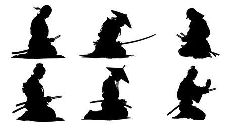 Kneeling and Meditating Samurai Silhouette Vector Pack isolated on plain white background.のイラスト素材