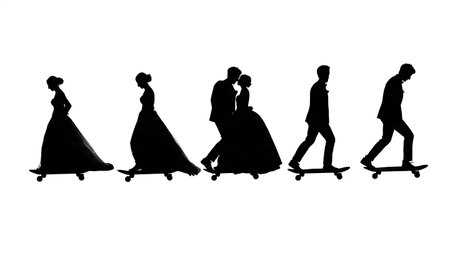 Urban Wedding Couple on Skateboard Silhouette Set isolated on plain white background.のイラスト素材