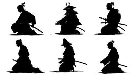 Kneeling and Meditating Samurai Silhouette Vector Pack isolated on plain white background.のイラスト素材