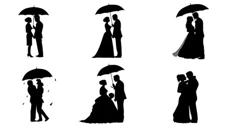 Wedding Couple with Umbrella in the Rain Silhouette isolated on plain white background.のイラスト素材