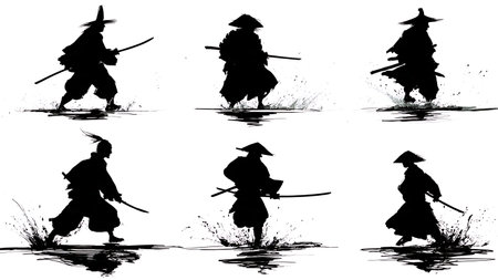 Samurai Crossing River Silhouette Action Pack isolated on plain white background.のイラスト素材