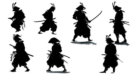Samurai Armor Maintenance Silhouette Set isolated on plain white background.のイラスト素材