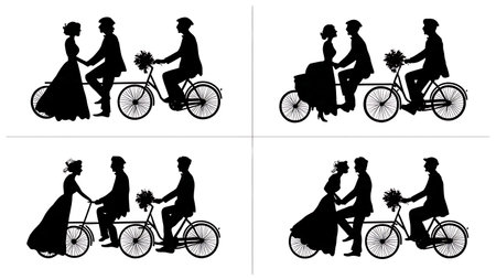 Wedding Couple on Tandem Bicycle Silhouette Pack isolated on plain white background.のイラスト素材