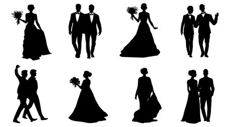 Wedding Reception Grand Entrance Silhouette Pack isolated on plain white background.のイラスト素材