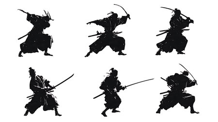 Samurai Thrust Attack (Tsuki) Silhouette Set isolated on plain white background.のイラスト素材