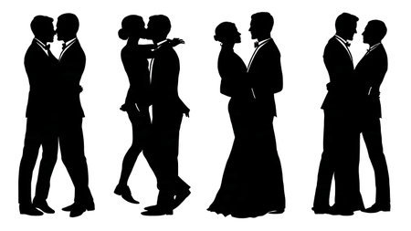 Gay Wedding Couple Two Grooms Silhouette Collection isolated on plain white background.のイラスト素材