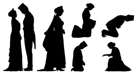 Respectful Bowing Wedding Couple Silhouette Set isolated on plain white background.のイラスト素材