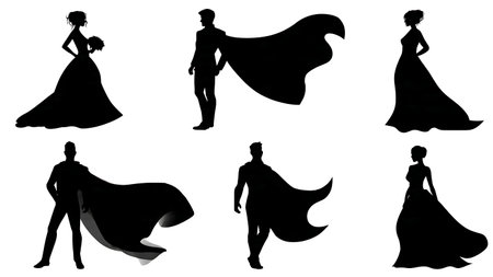 Superhero Pose Wedding Couple Silhouette Pack isolated on plain white background.のイラスト素材