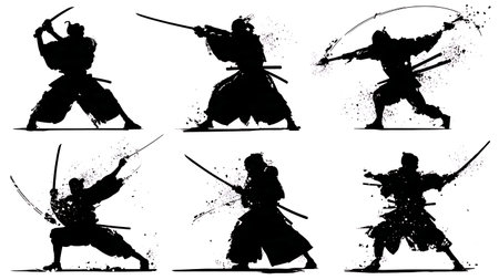 Samurai Weapon Clash with Sparks Silhouette Set isolated on plain white background.のイラスト素材