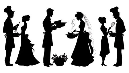 Bride and Groom Cooking Together Silhouette Pack isolated on plain white background.のイラスト素材