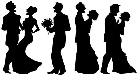 Joyful Laughing Wedding Couple Silhouette Set isolated on plain white background.のイラスト素材