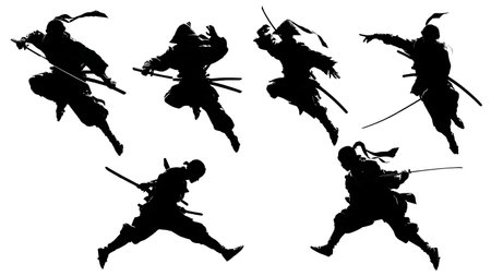 Leaping and Acrobatic Samurai Silhouette Collection isolated on plain white background.のイラスト素材
