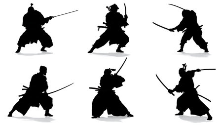 Samurai with Two Swords (Daisho) Silhouette Set isolated on plain white background.のイラスト素材