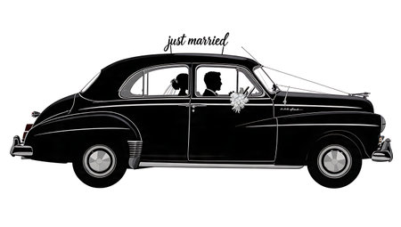 Wedding Car Getaway Silhouette "Just Married" Set isolated on plain white background.のイラスト素材