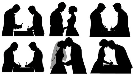 Signing Marriage Certificate Wedding Silhouette Set isolated on plain white background.のイラスト素材