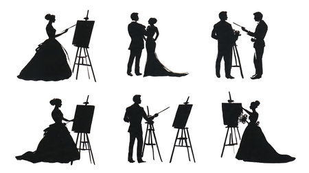 Artistic Wedding Couple Painting Together Silhouette isolated on plain white background.のイラスト素材