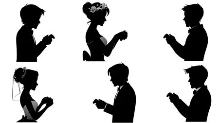 Video Gaming Wedding Couple Silhouette Pack isolated on plain white background.のイラスト素材