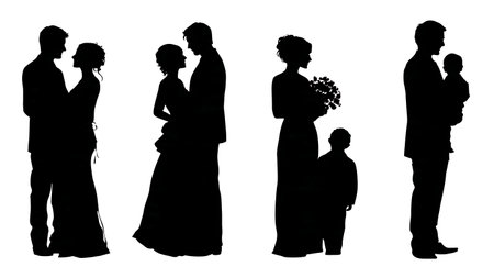 Wedding Couple with Child Family Silhouette Set isolated on plain white background.のイラスト素材