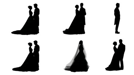 Dramatic Shadow of Wedding Couple Silhouette Set isolated on plain white background.のイラスト素材