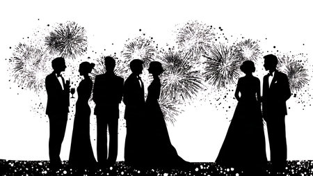Wedding Couple Watching Fireworks Silhouette Set isolated on plain white background.のイラスト素材
