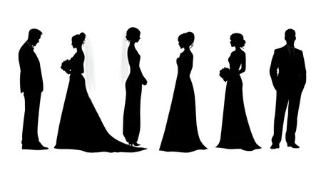 Profile View Wedding Couple Silhouette Vector Pack isolated on plain white background.のイラスト素材