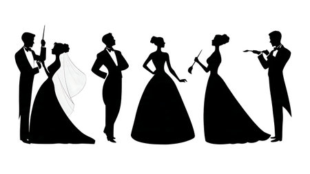 Wedding Couple Sharing Headphones Silhouette Set isolated on plain white background.のイラスト素材