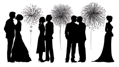 Wedding Couple Watching Fireworks Silhouette Set isolated on plain white background.のイラスト素材