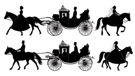 Fairytale Wedding Carriage Ride Silhouette Pack isolated on plain white background.のイラスト素材