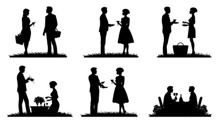 Romantic Wedding Picnic Silhouette Collection isolated on plain white background.のイラスト素材