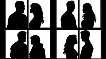 Wedding Couple Through Window Silhouette Set isolated on plain white background.