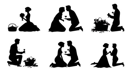 Romantic Wedding Picnic Silhouette Collection isolated on plain white background.のイラスト素材