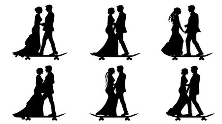 Urban Wedding Couple on Skateboard Silhouette Set isolated on plain white background.のイラスト素材