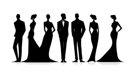 Back to Back Wedding Couple Silhouette Set isolated on plain white background.のイラスト素材