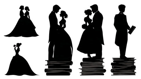 Literary Wedding Couple in Library Silhouette Pack isolated on plain white background.のイラスト素材