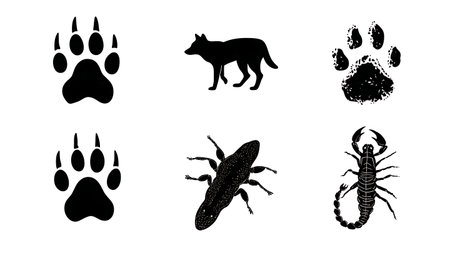 Desert Ecosystem Animal Track Silhouette Set isolated on plain white background.のイラスト素材