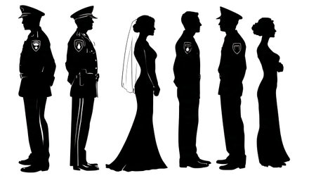 Police Officer Groom and Bride Silhouette Pack isolated on plain white background.のイラスト素材