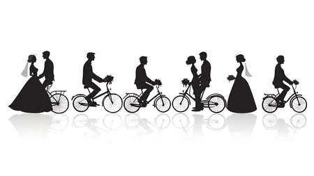 Wedding Couple on Tandem Bicycle Silhouette Pack isolated on plain white background.のイラスト素材