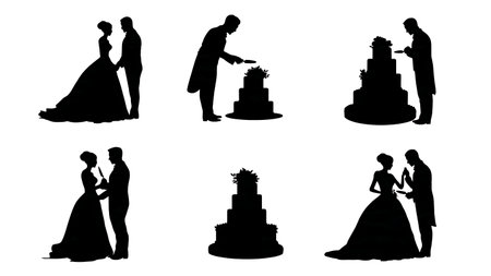 Wedding Cake Cutting Ceremony Silhouette Set isolated on plain white background.のイラスト素材